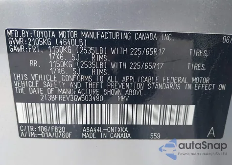 2016 Toyota Rav4 Le from USA, damaged, VIN 2T3BFREV3GW503480